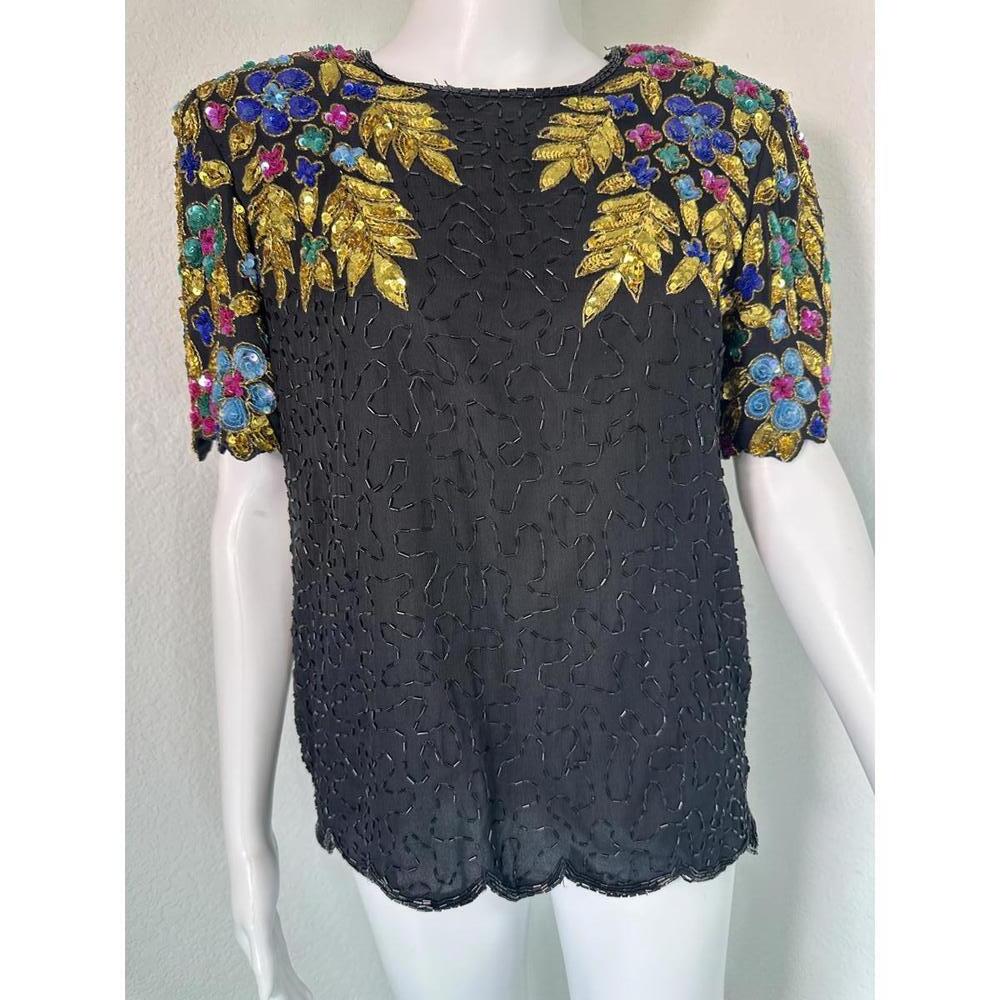 VTG 90s Women’s S Stenay Silk Beaded Sequin Floral Top Evening Glam Mob Wife